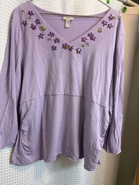 J. Jill Lavender V-Neck Tunic with Floral Embroidery